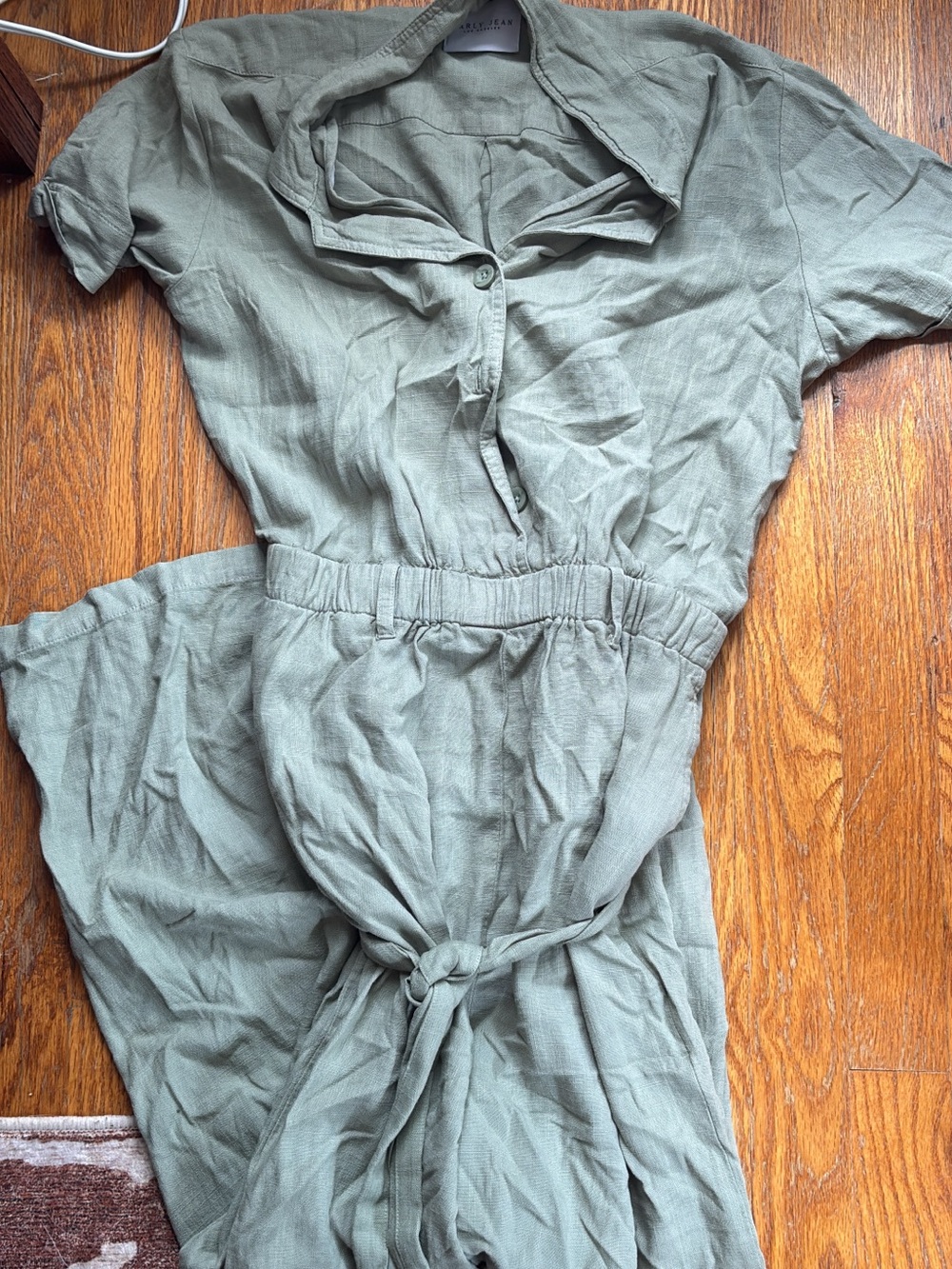 Carly Jean Los Angeles Olive Sage Short-Sleeve Linen-Blend Jumpsuit